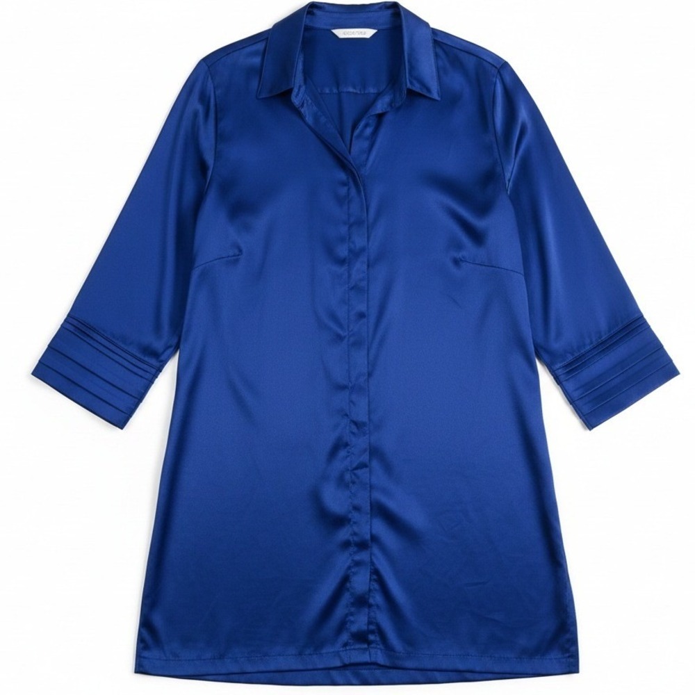 Chico's Button Down Tunic Women Size 12 Blue Satin Finish Long Sleeve Side Slits